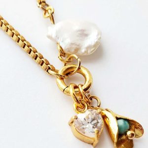 TRESOR Necklace - 24K Gold Plated with Baroque Pearl, Amazonite, and Crystal Zirconia