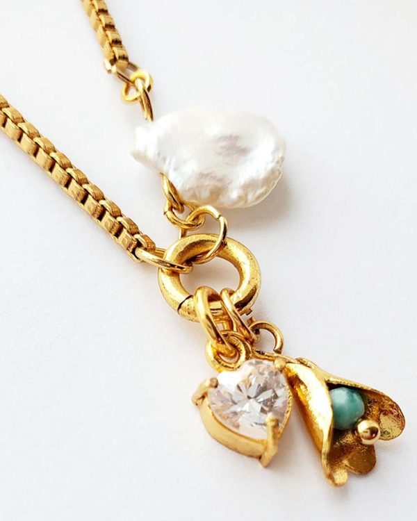TRESOR Necklace - 24K Gold Plated with Baroque Pearl, Amazonite, and Crystal Zirconia